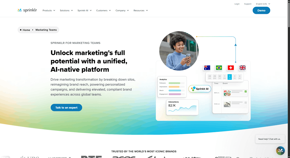 Sprinklr for Marketing Teams page promoting its unified AI-native platform with an analytics dashboard preview.