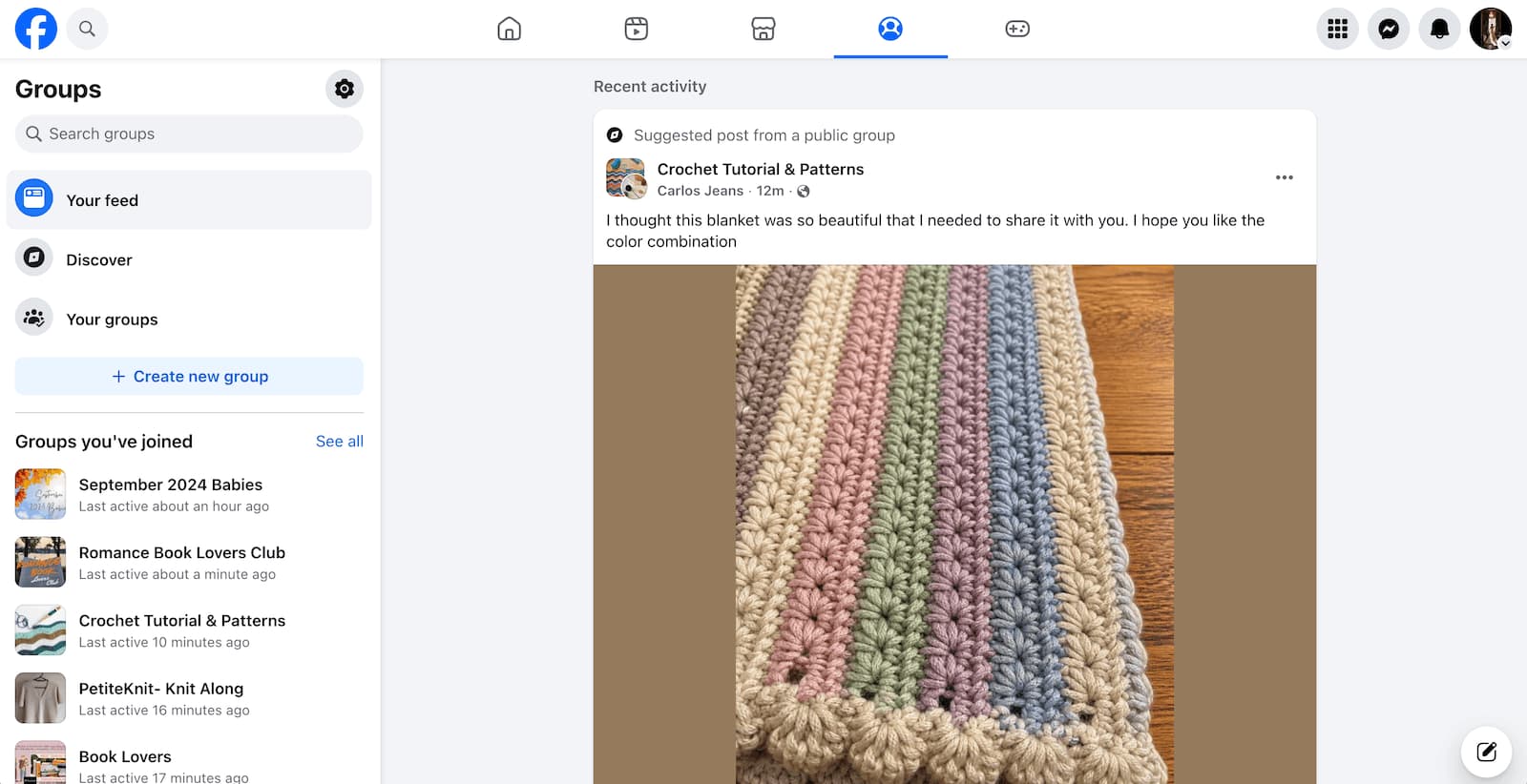 A screenshot of the Groups tab on Facebook.