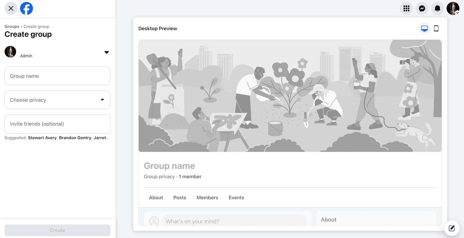 The Facebook group creation interface.