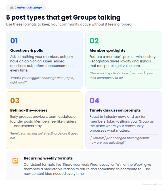 An infographic sharing 5 Facebook group post types that get people talking.
