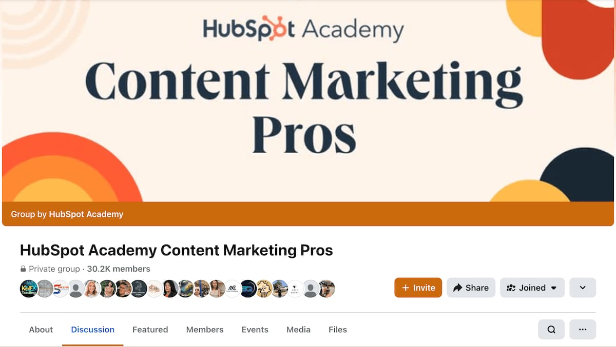 A screenshot of the HubSpot Academy Content Marketing Pros Facebook group.