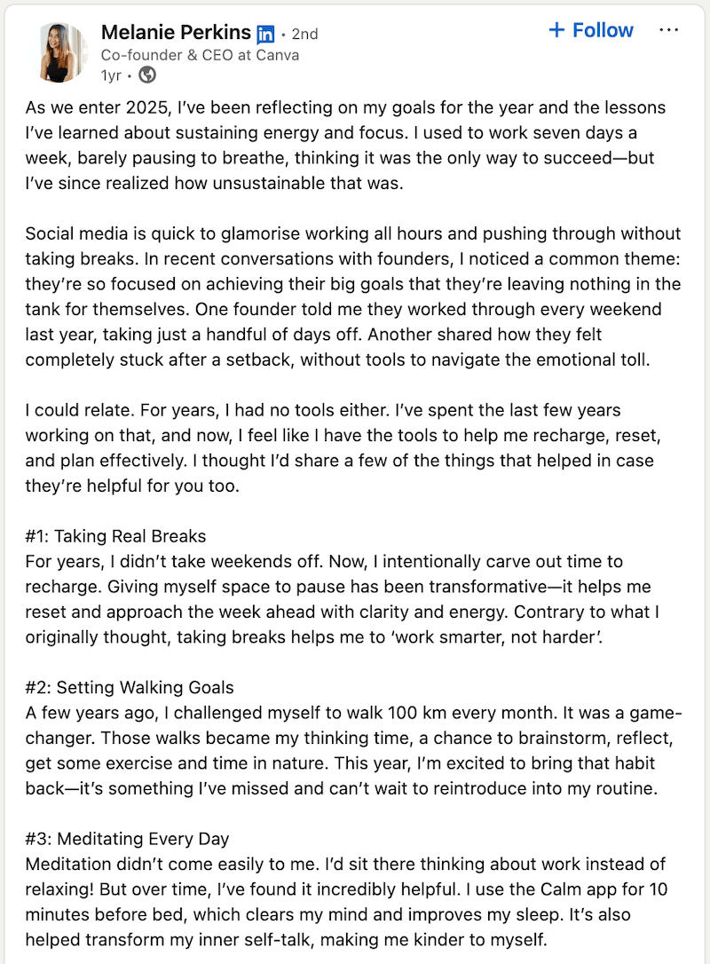 A screenshot of a founder-led marketing post from Canva CEO Melissa Perkins.