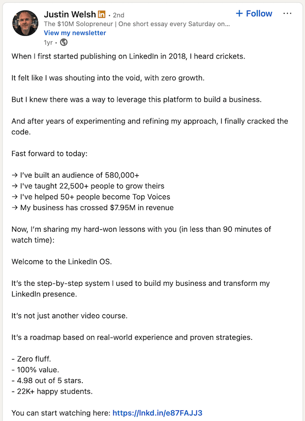 A founder-led marketing post from solopreneur Justin Welsh.