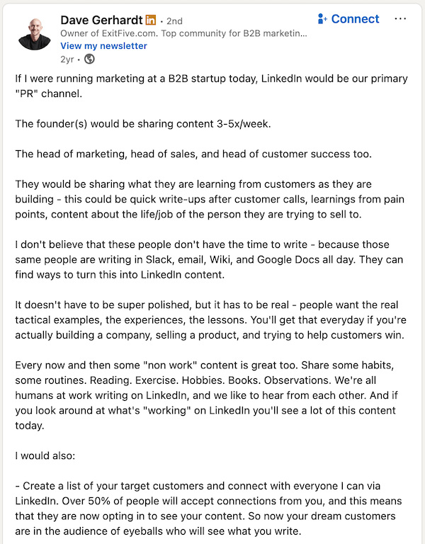 A founder-led marketing post from Exit Five founder Dave Gerhardt.
