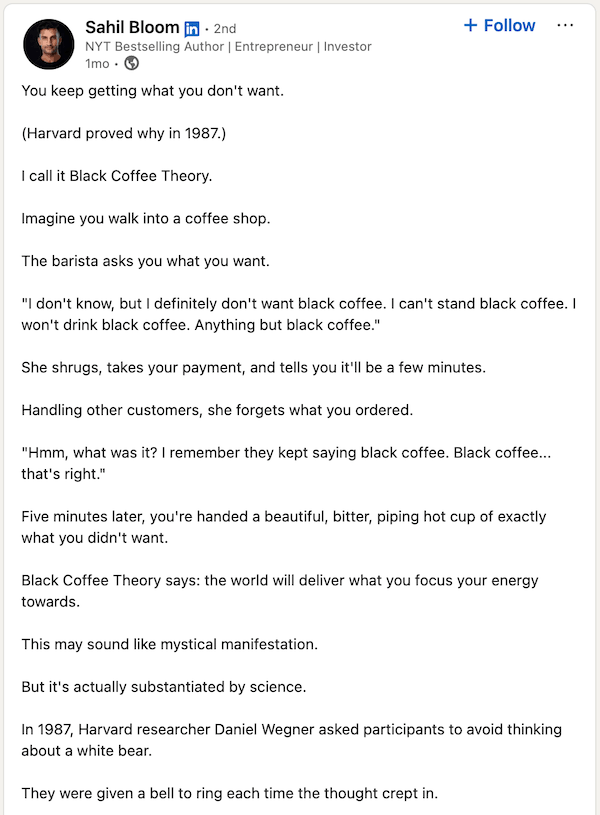 A founder-led marketing post from entrepreneur Sahil Bloom.