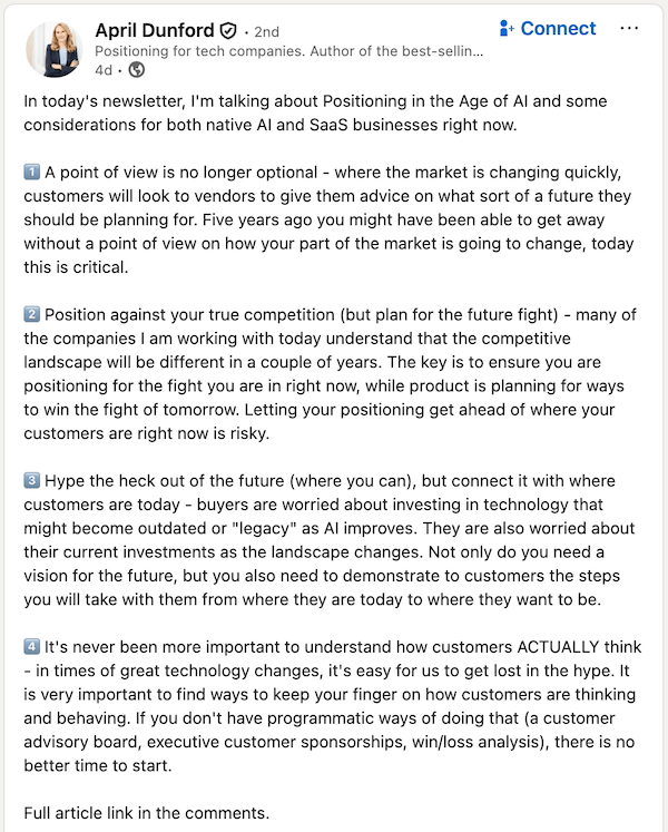 A founder-led marketing post from Ambient Strategy founder April Dunford.
