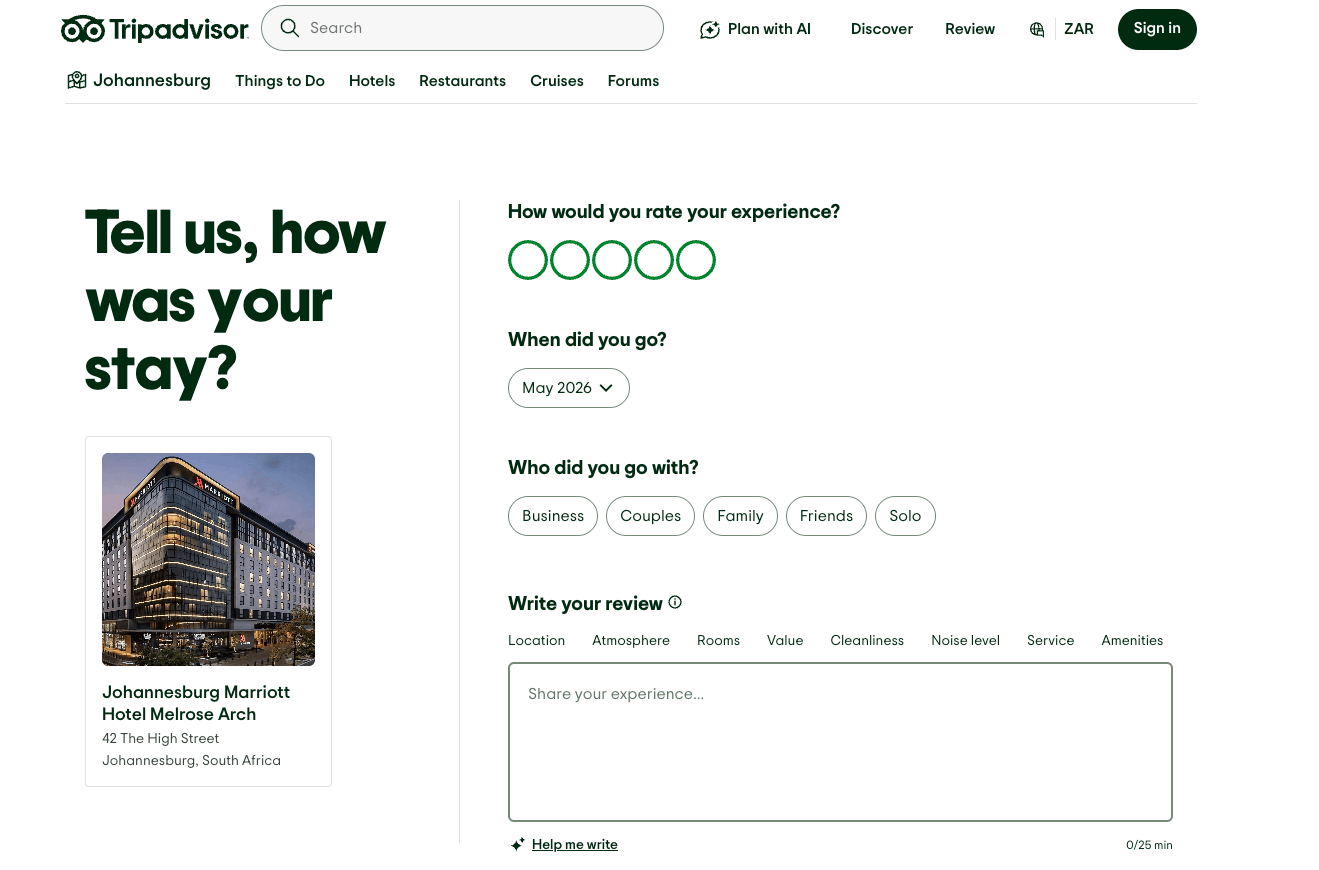A screenshot of a Tripadvisor page asking for a review.