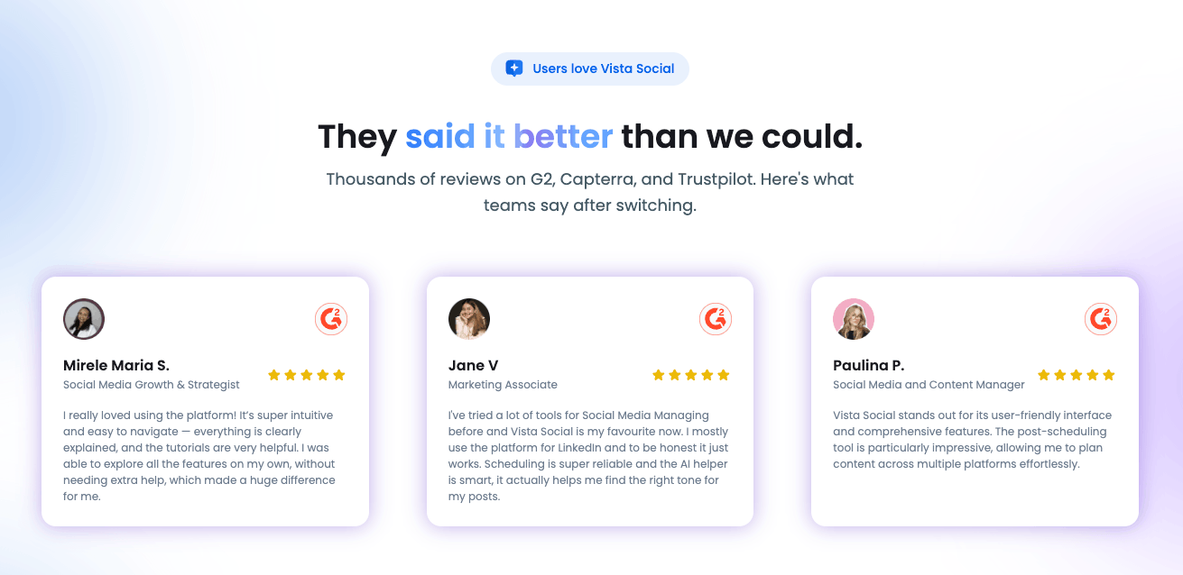 A screenshot of customer reviews on the Vista Social website.