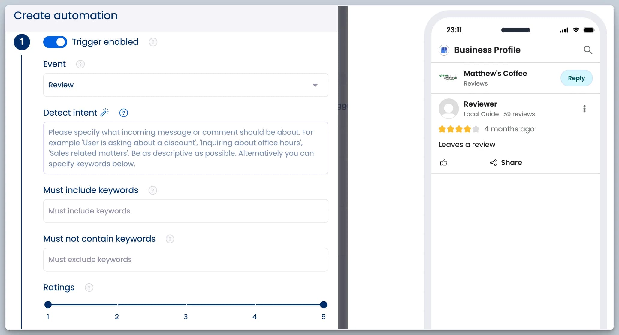 Vista Social's review automation interface.