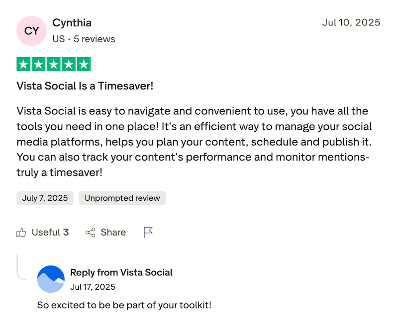 A screenshot of a Trustpilot review with a brand response.