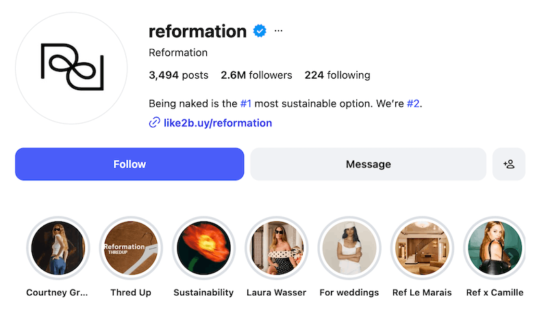 A screenshot of an Instagram bio idea from Reformation.