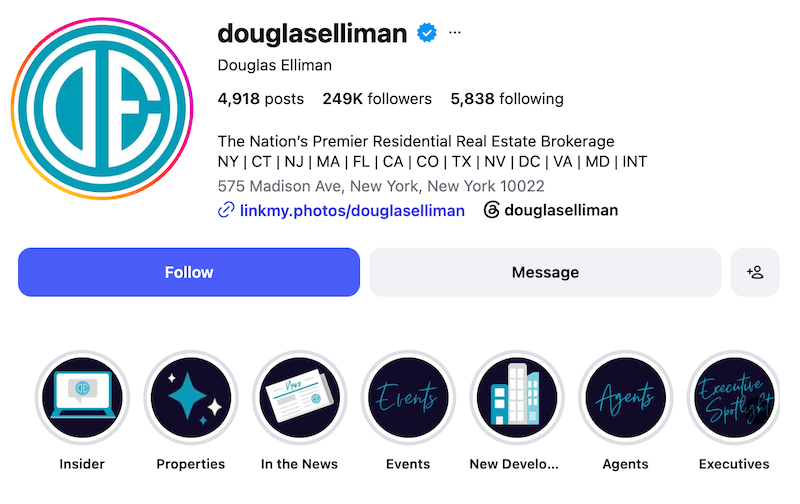 A screenshot of an Instagram bio idea from Douglas Elliman.