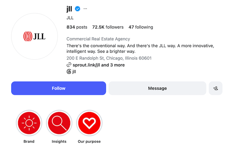 A screenshot of an Instagram bio idea from JLL.