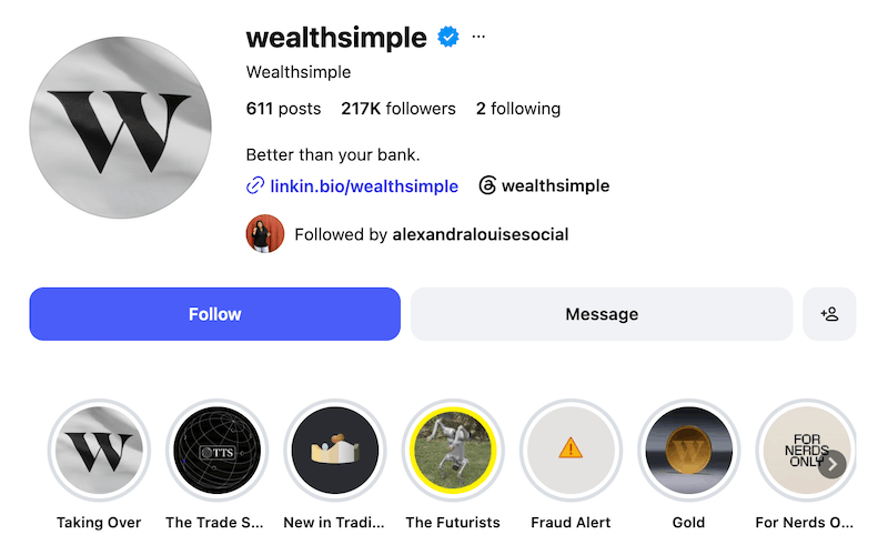 A screenshot of an Instagram bio idea from Wealth Simple.