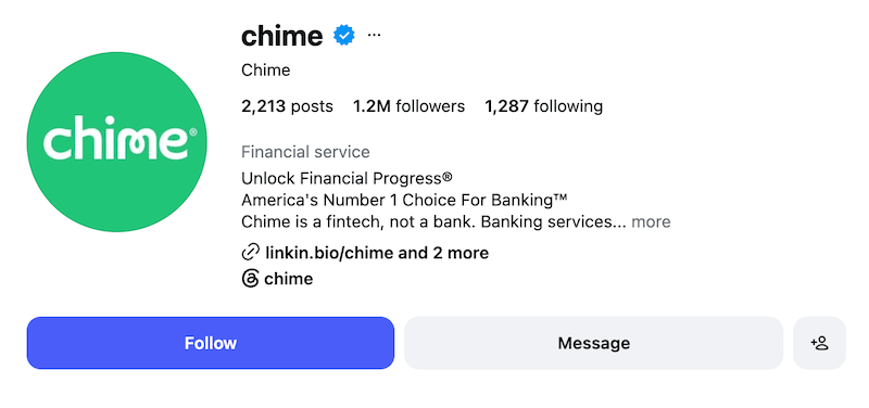 A screenshot of an Instagram bio idea from Chime.