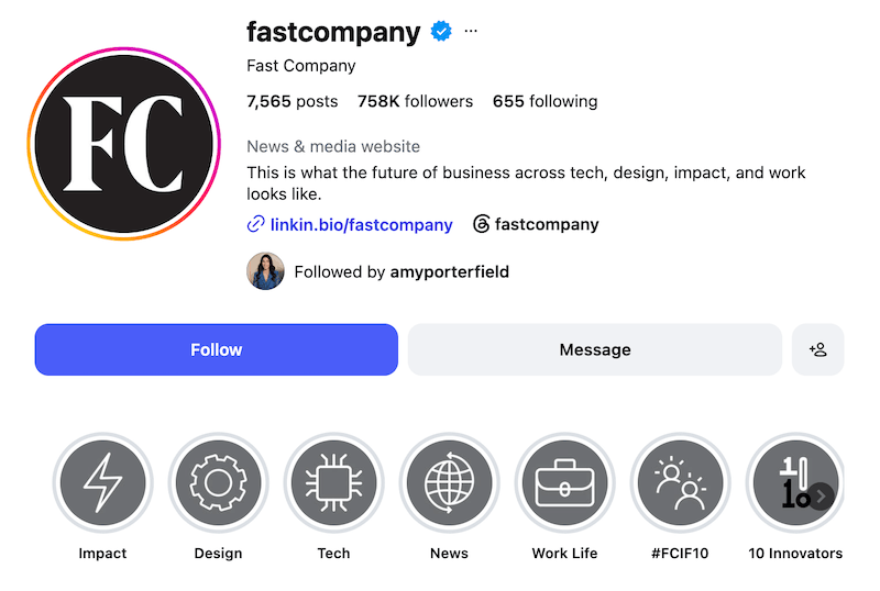A screenshot of an Instagram bio idea from Fast Company.