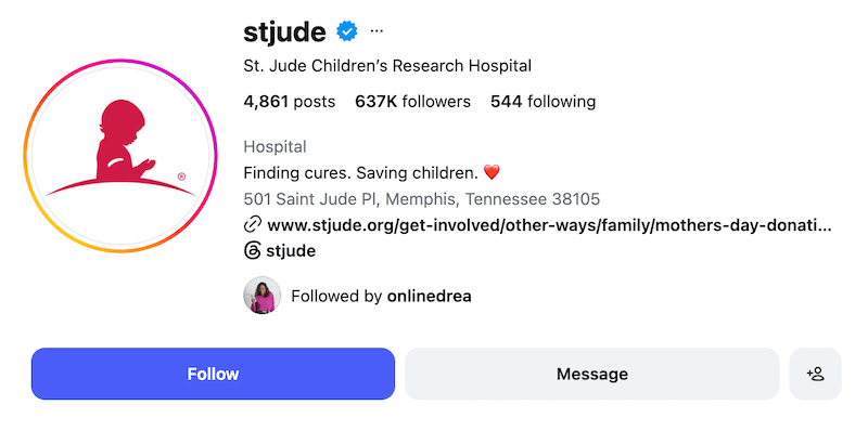 A screenshot of an Instagram bio idea from St. Jude.