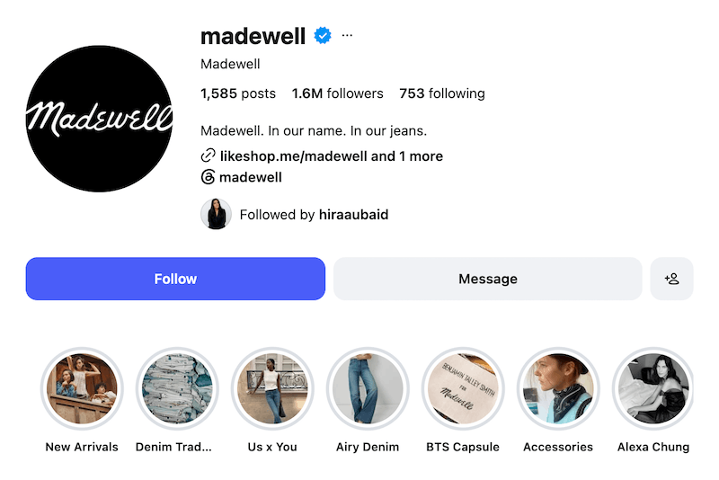 A screenshot of an Instagram bio idea from Madewell.