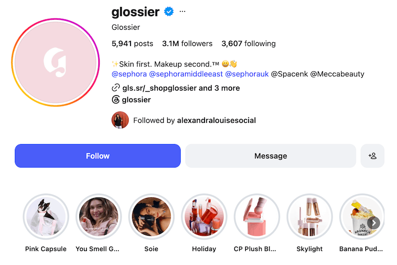 A screenshot of an Instagram bio idea from Glossier.