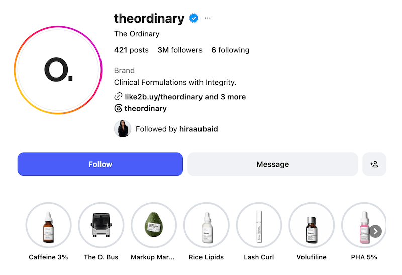 A screenshot of an Instagram bio idea from The Ordinary.
