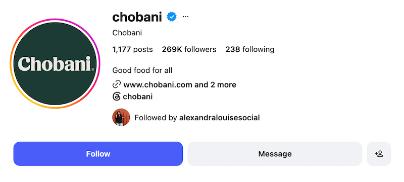 A screenshot of an Instagram bio idea from Chobani.
