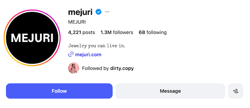 A screenshot of an Instagram bio idea from Mejuri.