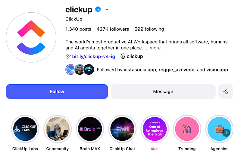 A screenshot of an Instagram bio idea from ClickUp.