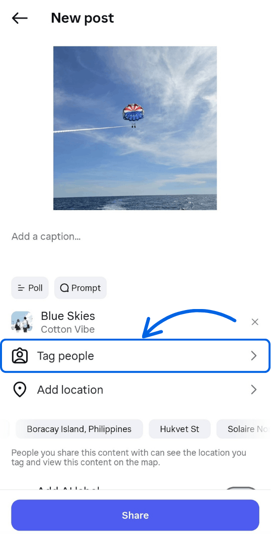 Instagram new post screen with an arrow pointing to the Tag people option for adding a collaborator.