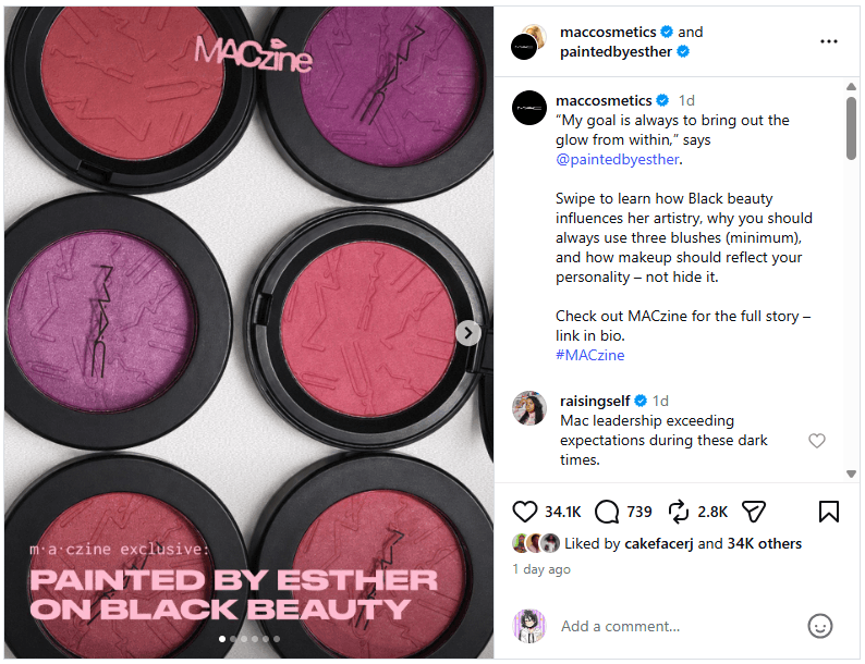 Instagram collab post by maccosmetics and paintedbyesther showing co-author handles and a MACzine carousel.
