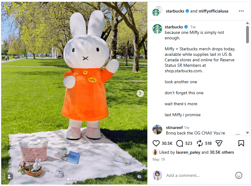 Instagram collab post by Starbucks and miffyofficialusa announcing their limited-edition Miffy merch drop.