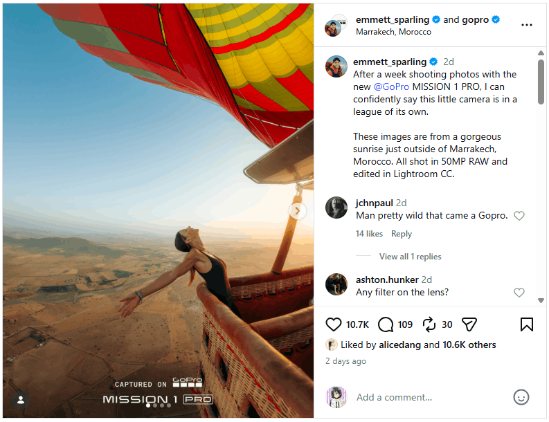 Instagram collab post by emmett_sparling and GoPro featuring sunrise shots from Marrakech taken on the MISSION 1 PRO.