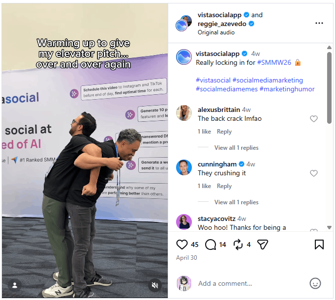 Instagram collab post by vistasocialapp and co-founder reggie_azevedo at Social Media Marketing World 2026.