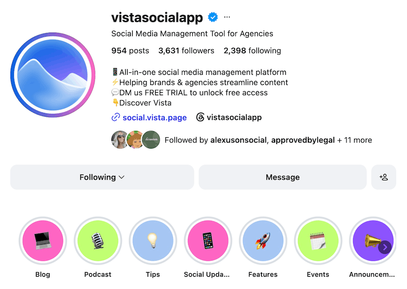 A screenshot of Vista Social's Instagram profile and highlight covers.