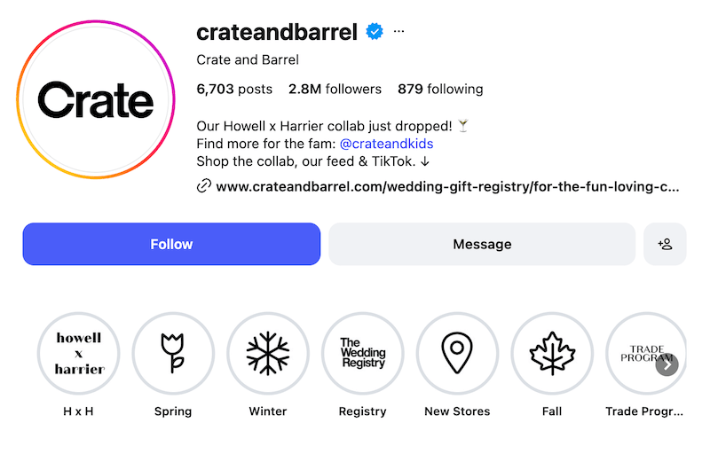 A screenshot of Crate and Barrel's Instagram profile and highlight covers.