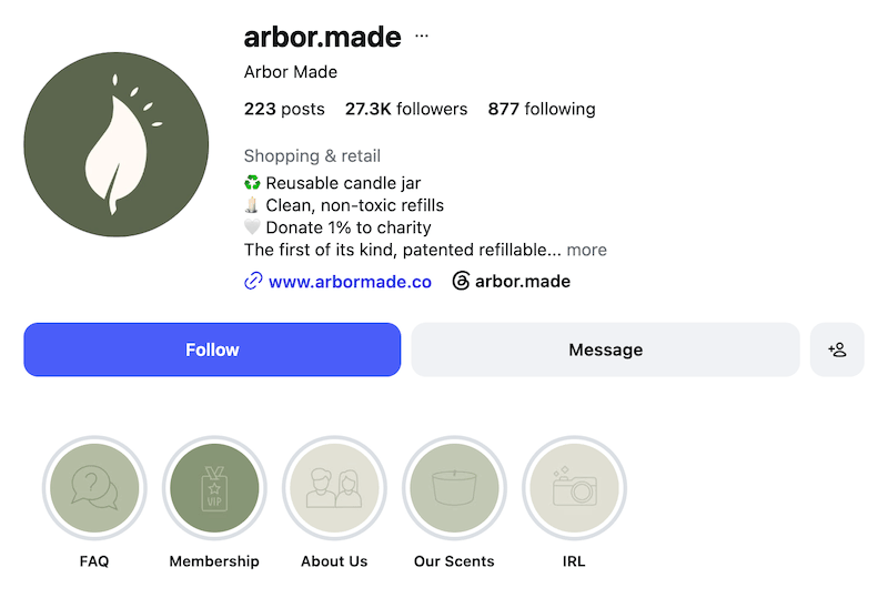 A screenshot of Arbor Made's Instagram profile and highlight covers.