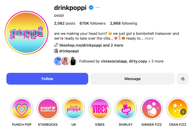 A screenshot of Poppi's Instagram profile and highlight covers.