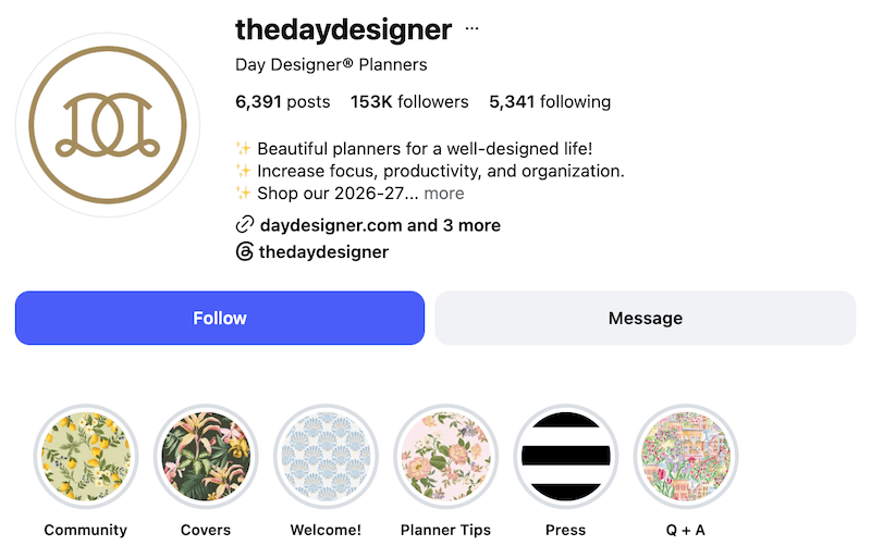 A screenshot of The Day Designer's Instagram profile and highlight covers.