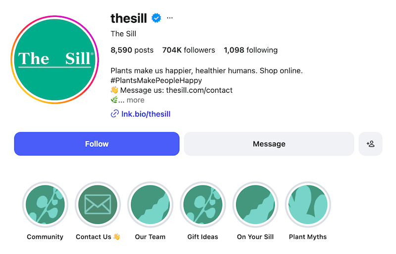 A screenshot of The Sill's Instagram profile and highlight covers.