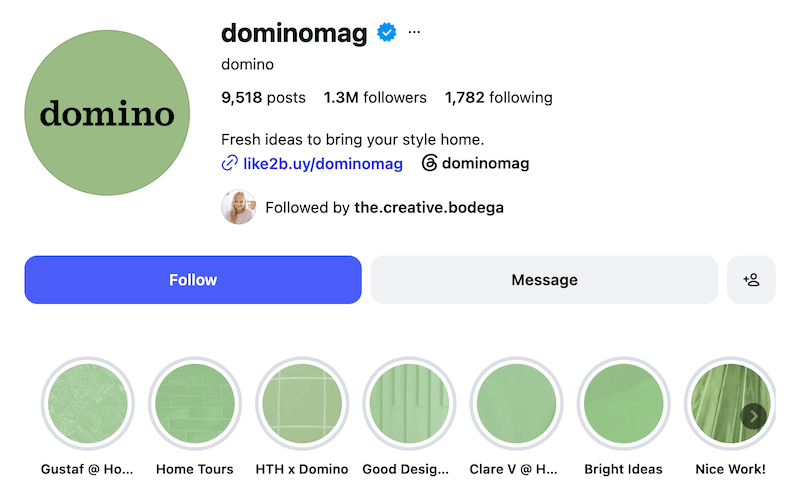 A screenshot of Domino Mag's Instagram profile and highlight covers.