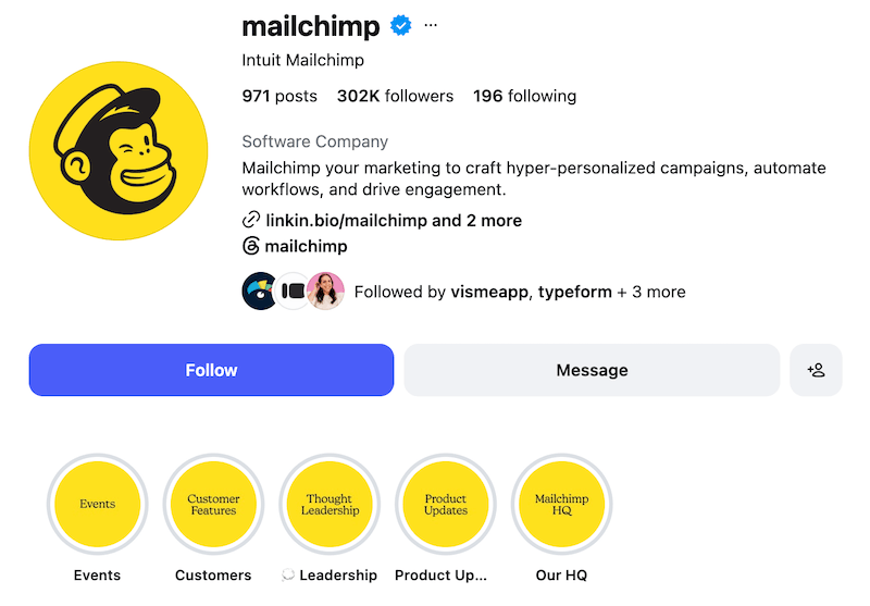 A screenshot of Mailchimp's Instagram profile and highlight covers.