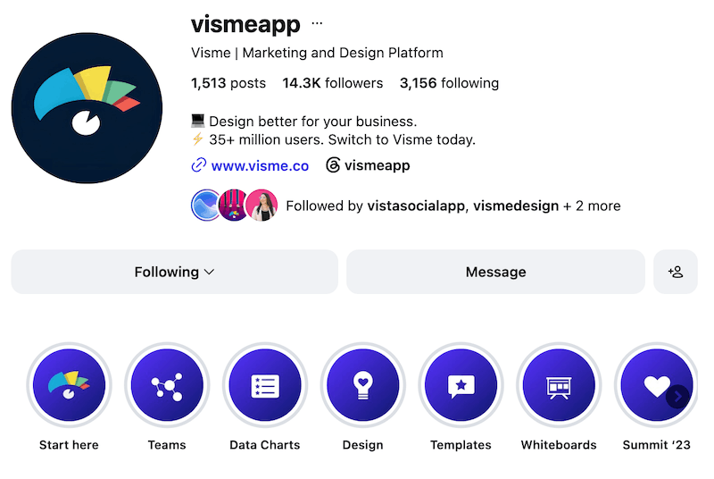 A screenshot of Visme's Instagram profile and highlight covers.