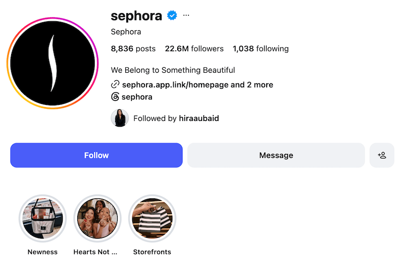 A screenshot of Sephora's Instagram profile and highlight covers.
