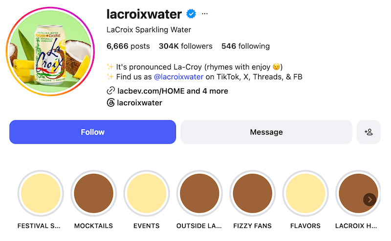 A screenshot of La Croix's Instagram profile and highlight covers.