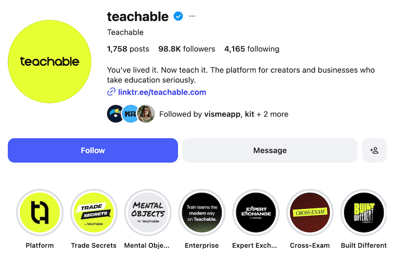 A screenshot of Teachable's Instagram profile and highlight covers.