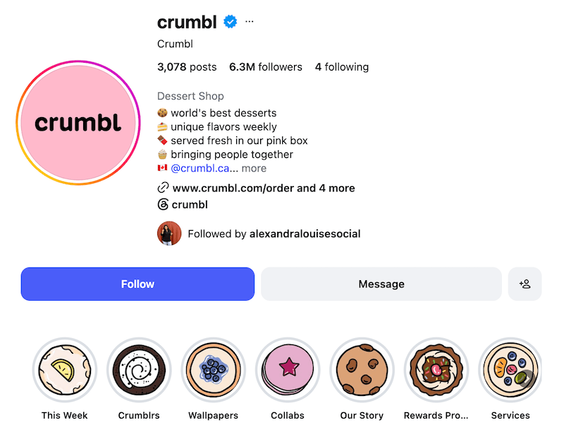 A screenshot of Crumbl's Instagram profile and highlight covers.