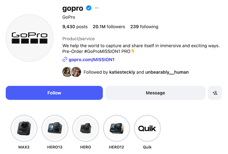 A screenshot of GoPro's Instagram profile and highlight covers.