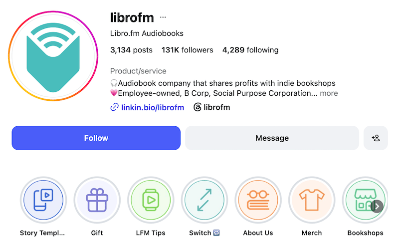 A screenshot of Libro.fm's Instagram profile and highlight covers.
