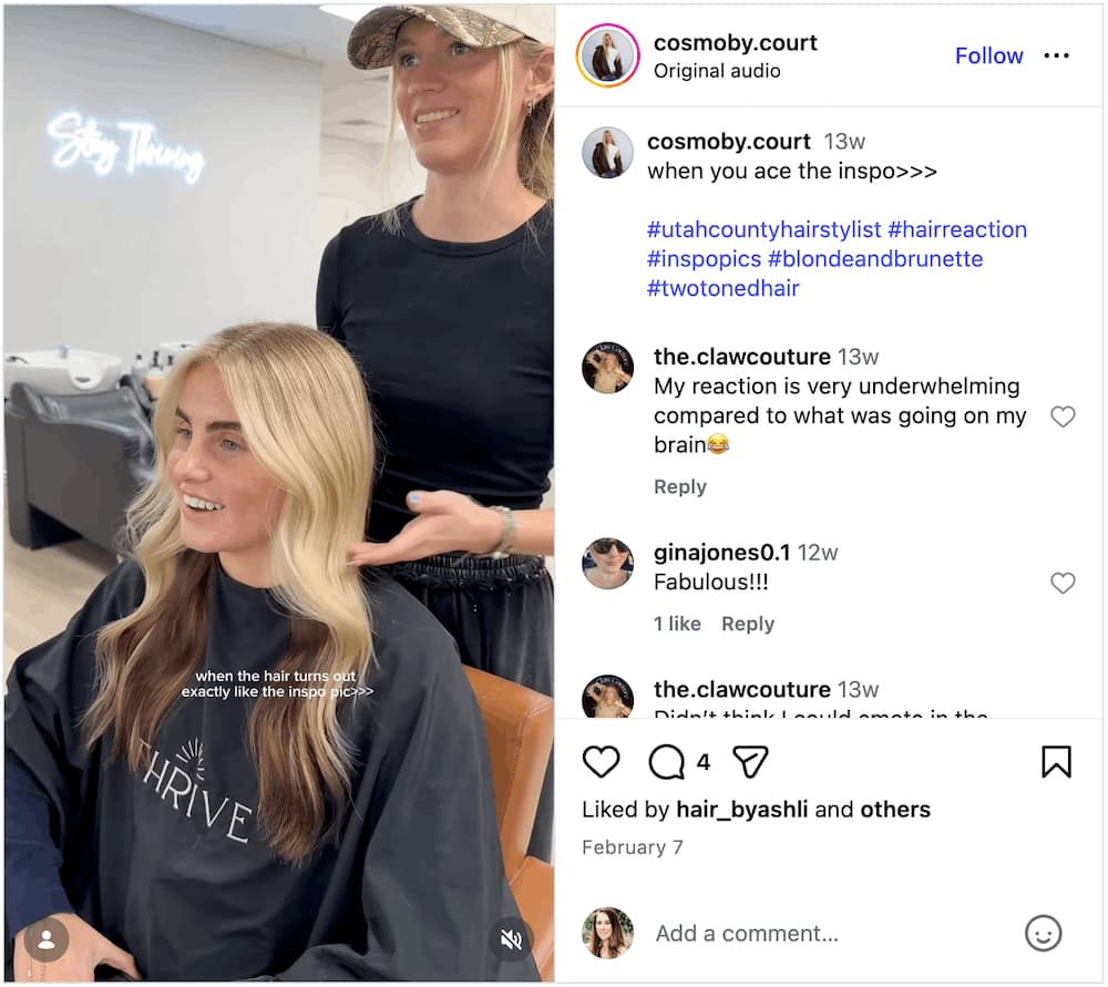 A screenshot of a Instagram Reel showcasing a customer reaction.