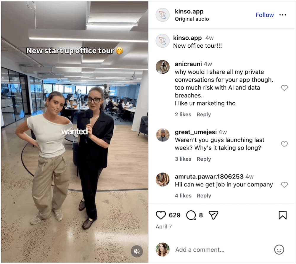 A screenshot of an Instagram Reel sharing an office tour.
