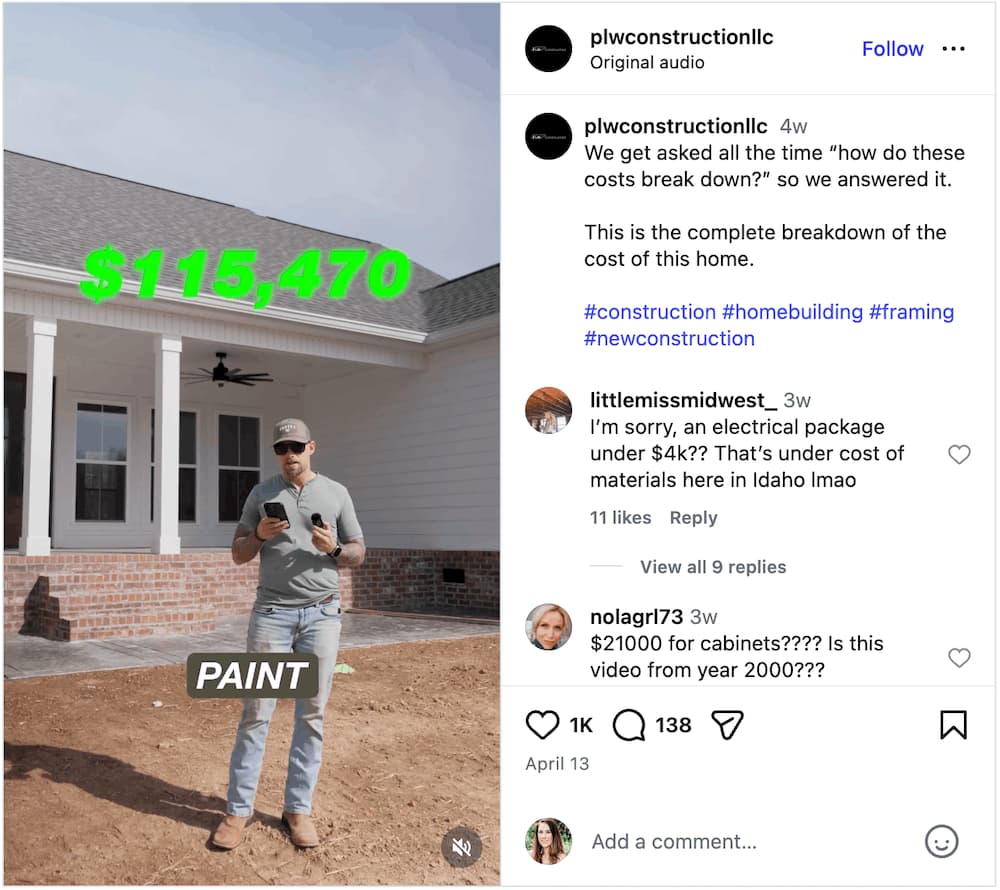 A screenshot of an Instagram Reel sharing a product cost breakdown.